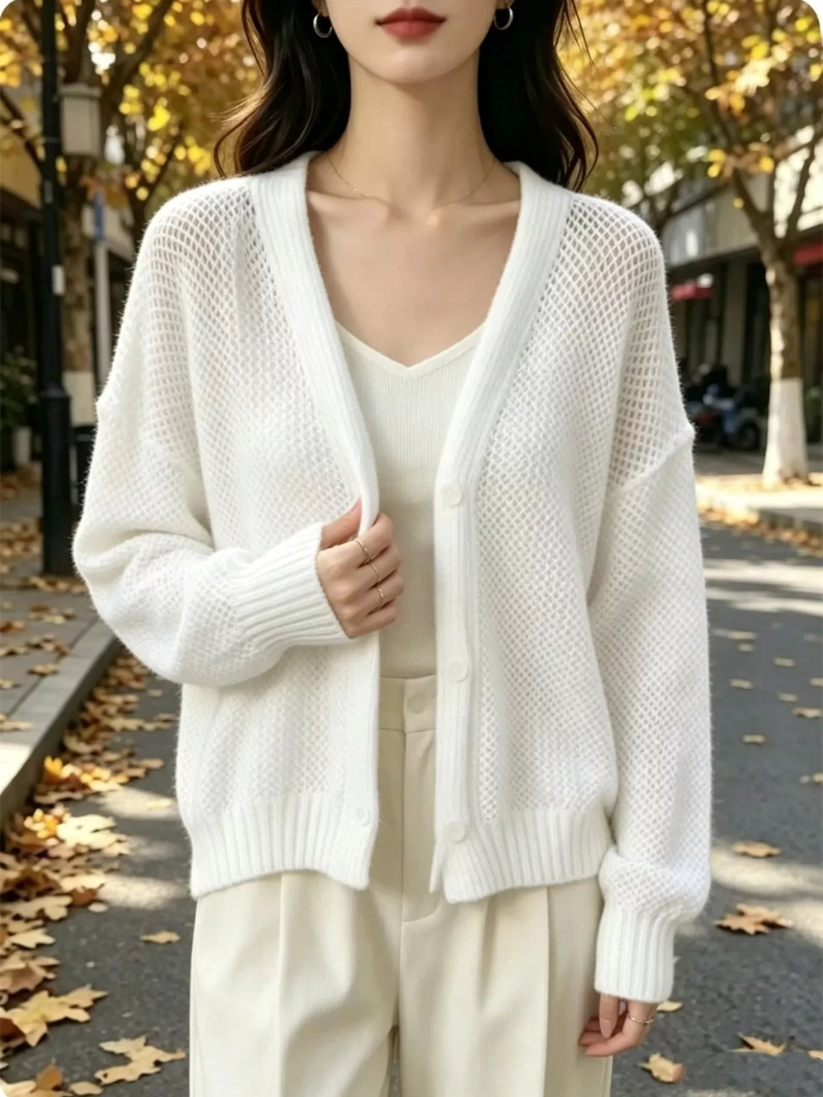 V-Neck Open-Knit Button-Down Cardigan - Lilixa.store