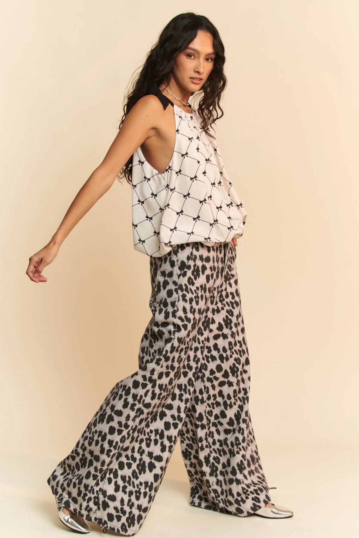 Davi & Dani Ribbon Checker Printed Tie Halter Neck Blouse Top - Lilixa.store