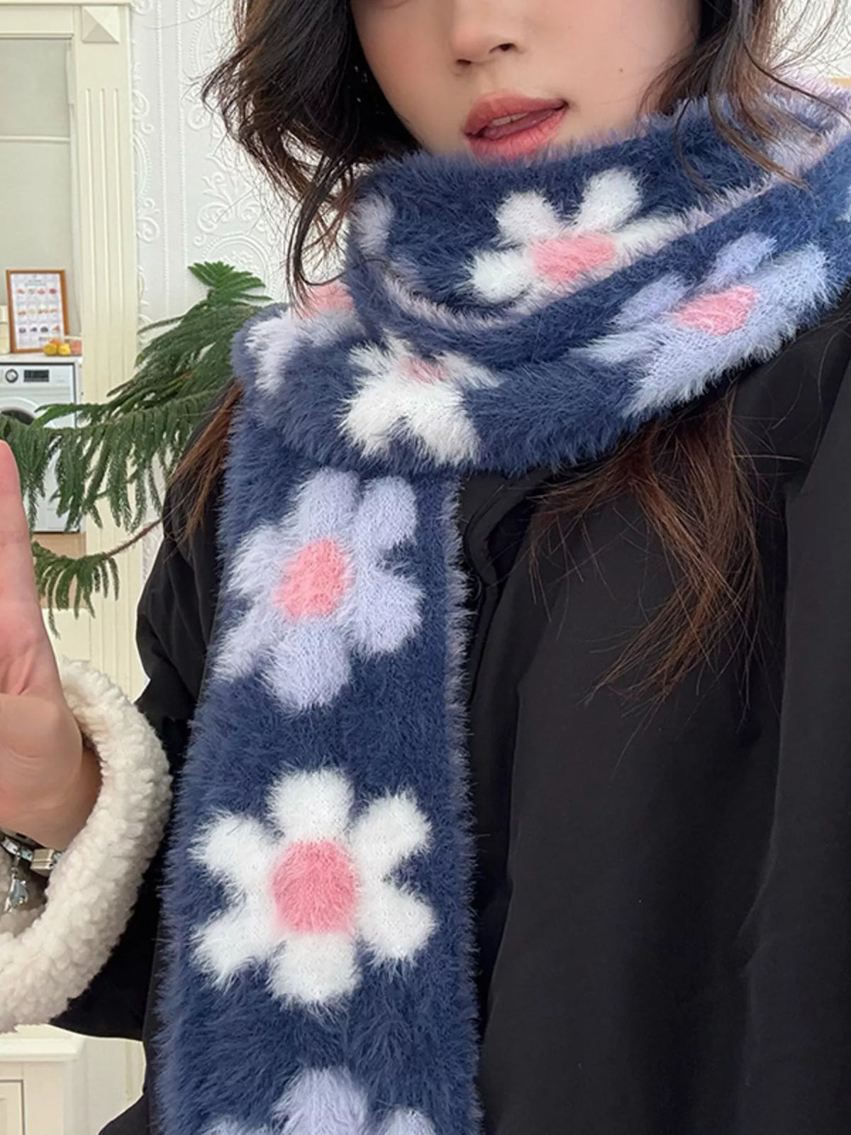 Floral Fuzzy Knit Scarf - Lilixa.store