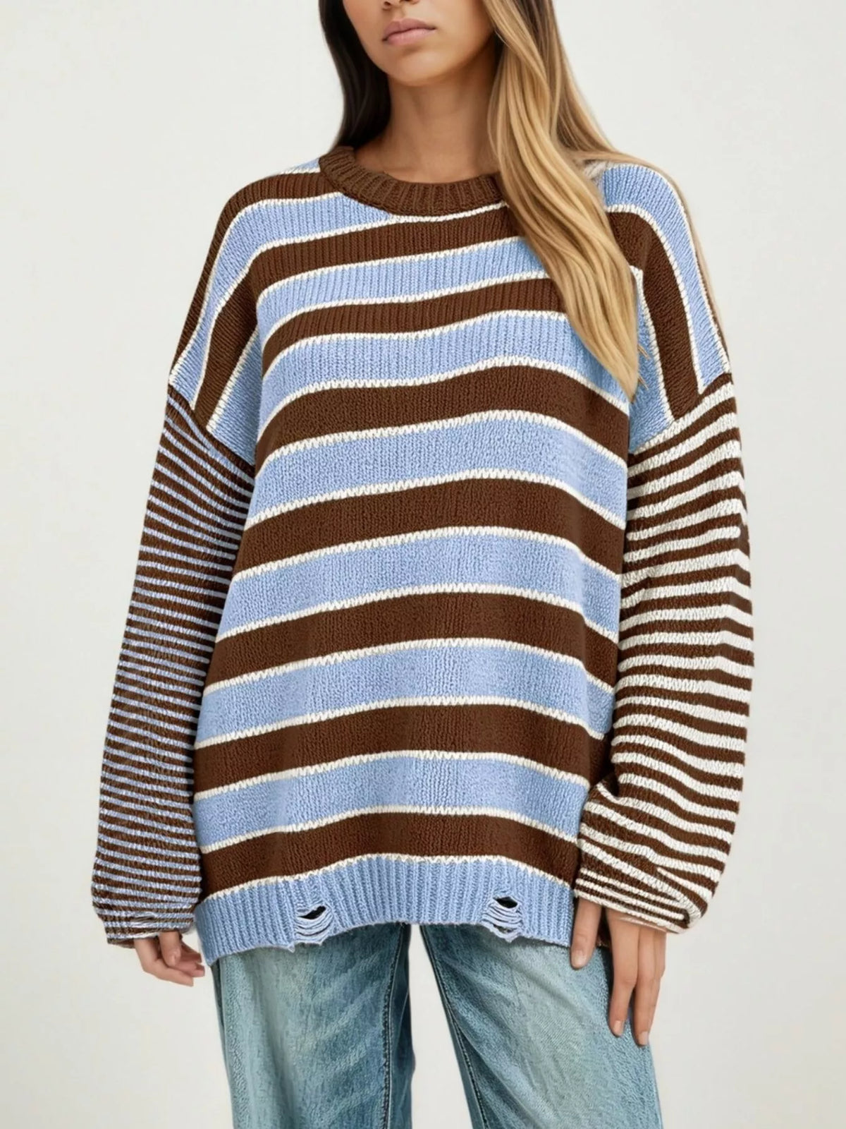 Oversized Striped Distressed Sweater - Lilixa.store