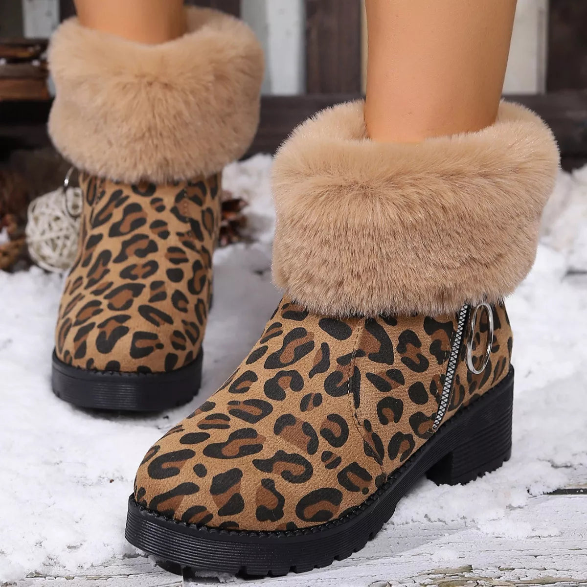 Fuzzy Cuff Leopard Print Ankle Boots - Lilixa.store