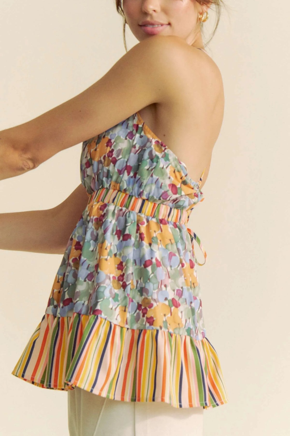 Davi & Dani Floral Smocked Sleeveless Ruffle Back Tie Top - Lilixa.store