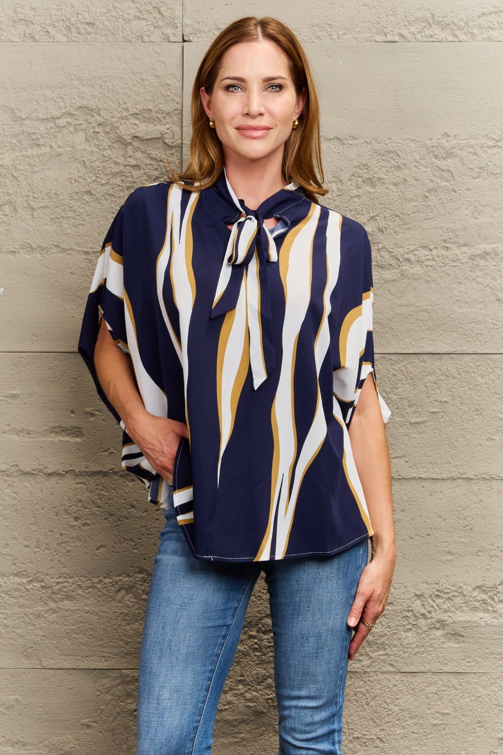 Perfee Tie Neck Printed Slit Sleeve Blouse in Multicolor