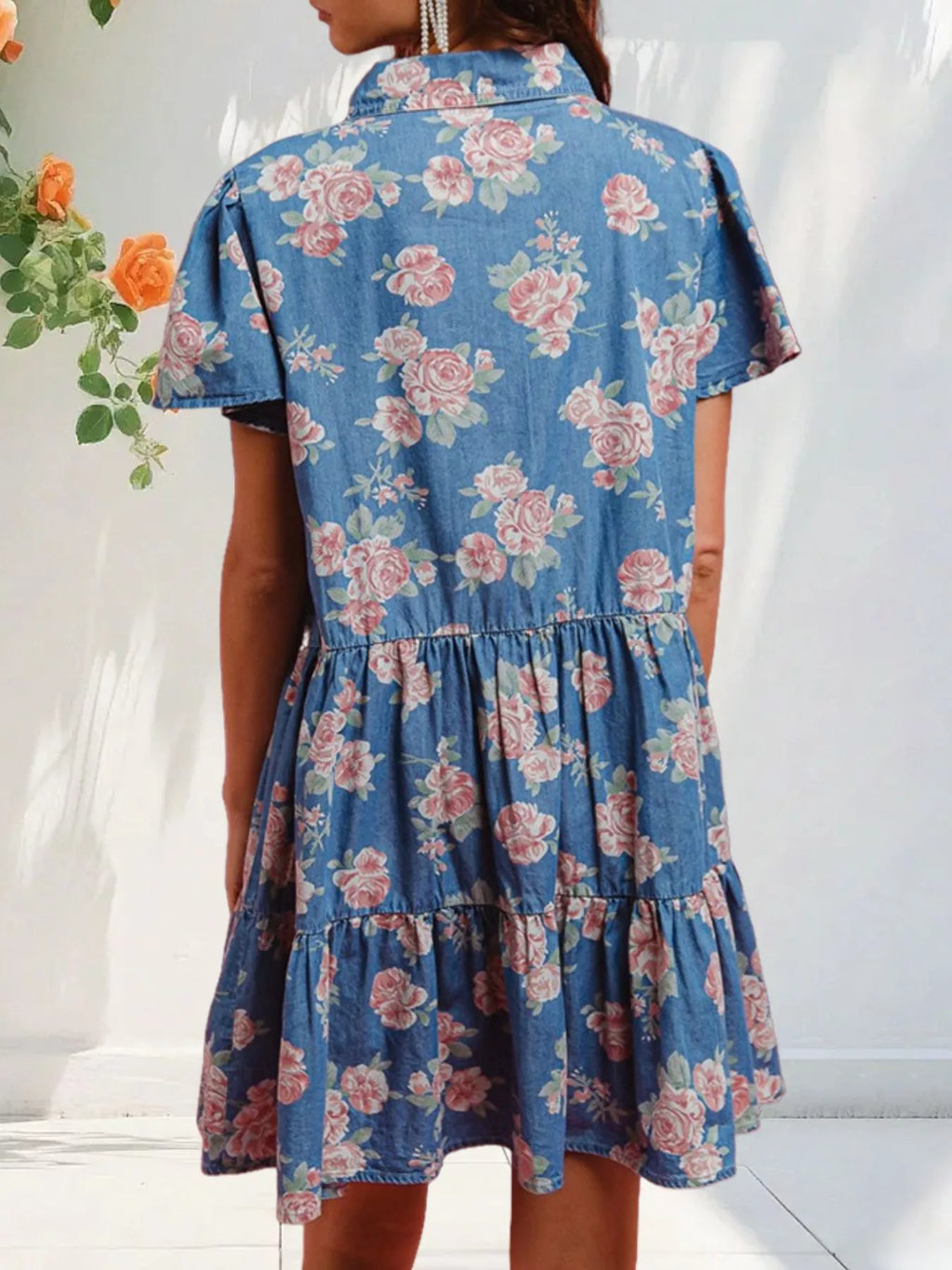 Floral Print Denim Button-Down Tiered Mini Dress - Lilixa.store