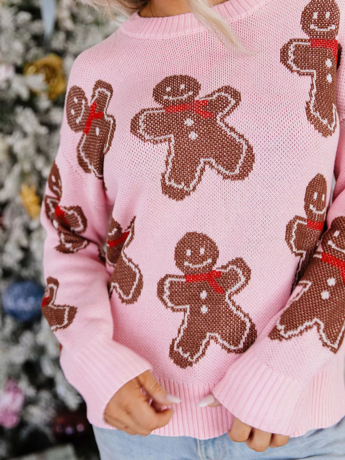 Gingerbread Pattern Round Neck Long Sleeve Shift Sweater