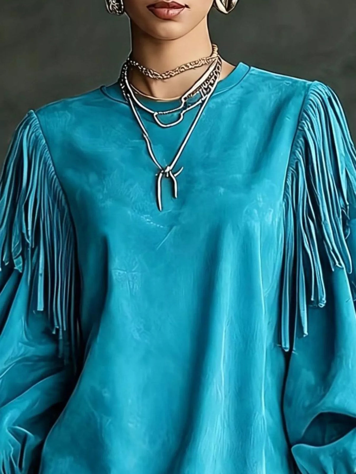 Fringe Detail Lantern Sleeve Mini Dress - Lilixa.store