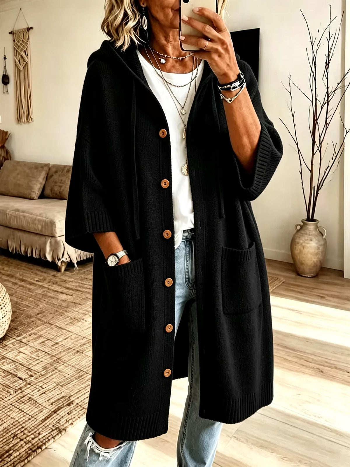 Hooded Button-Down Knit Cardigan with Pockets in Black