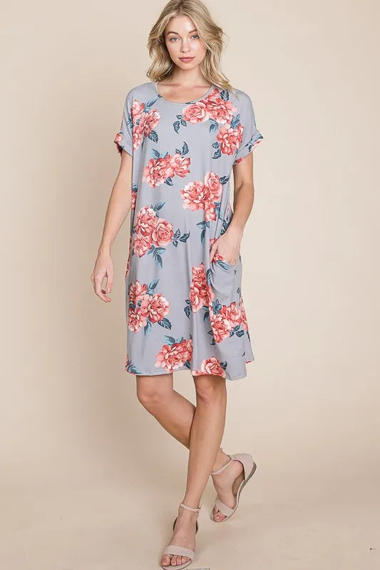 BOMBOM Floral Round Neck Short Tee Dress with Pockets - Lilixa.store