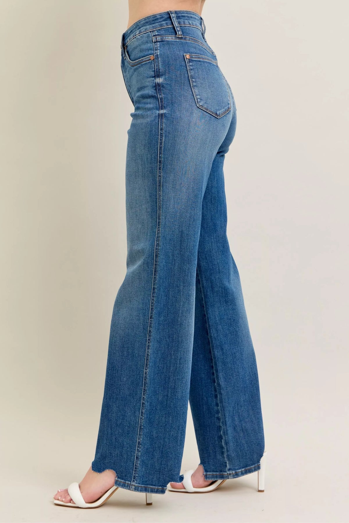Judy Blue Full Size High Waist Tummy Control Chew Hem Destroy Wide Jeans Plus Size - Lilixa.store