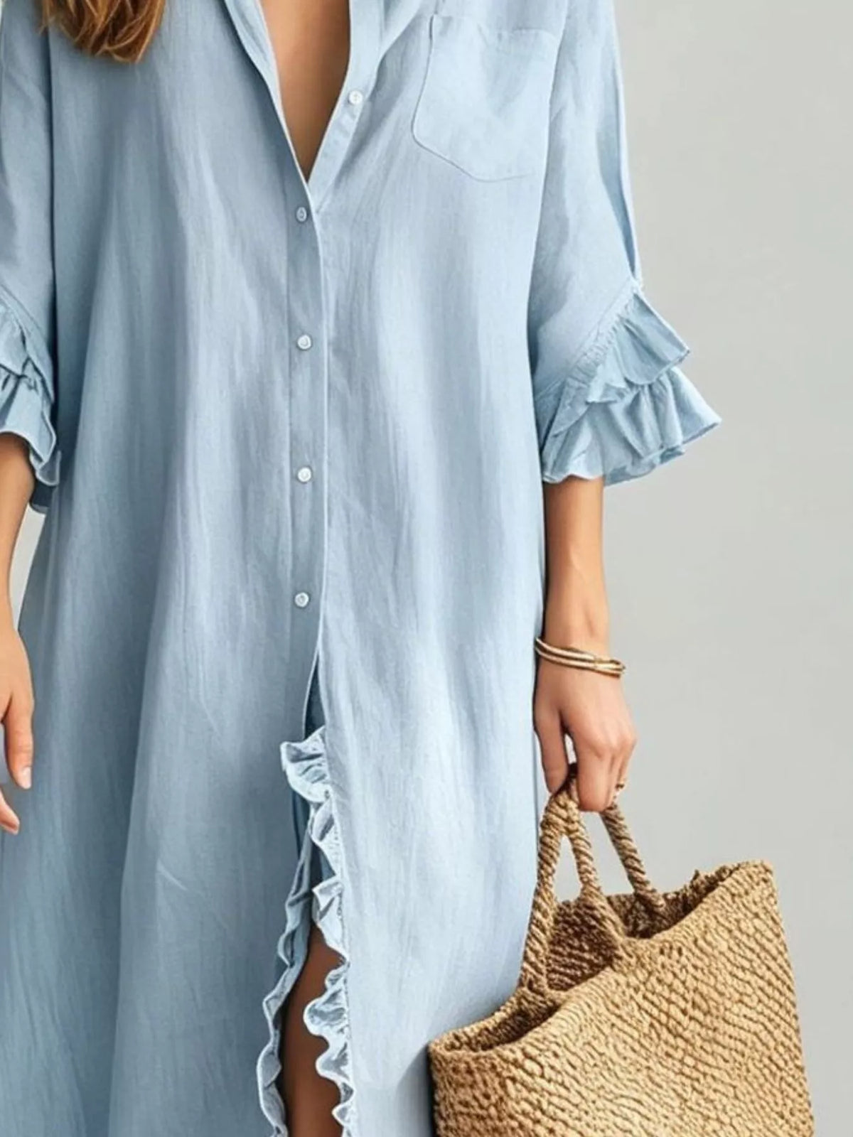 Full Size Ruffled Trim Button-Down Maxi Shirt Dress Plus Size