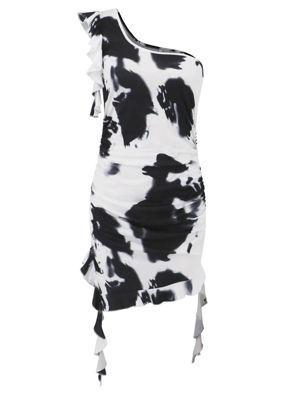 Ruffled Tie-Dye Single Shoulder Mini Dress - Lilixa.store