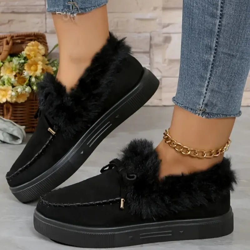 Bow Furry Round Toe Flat Slip-Ons, view 6