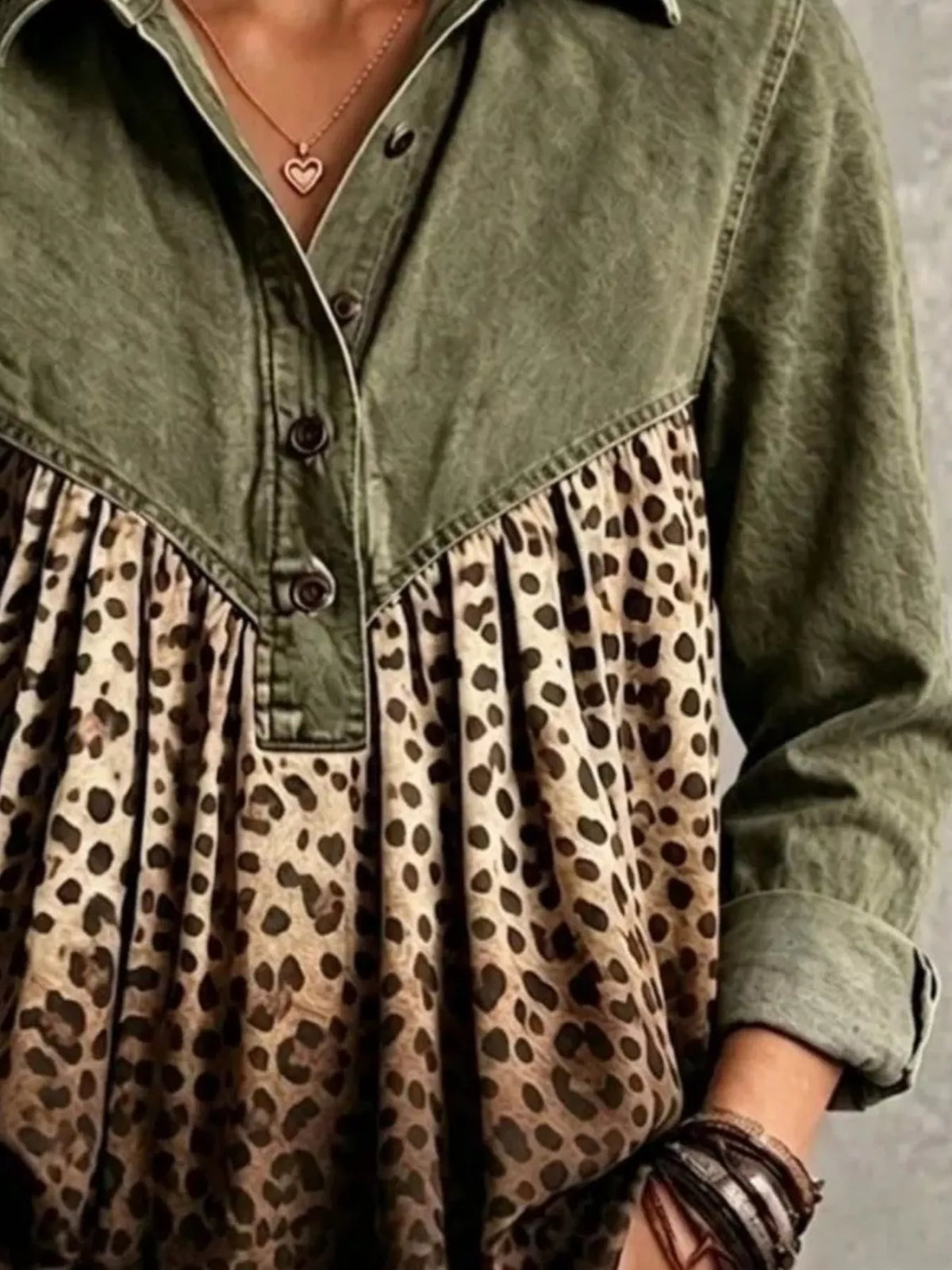 Full Size Leopard Button Detail Blouse Plus Size - Lilixa.store