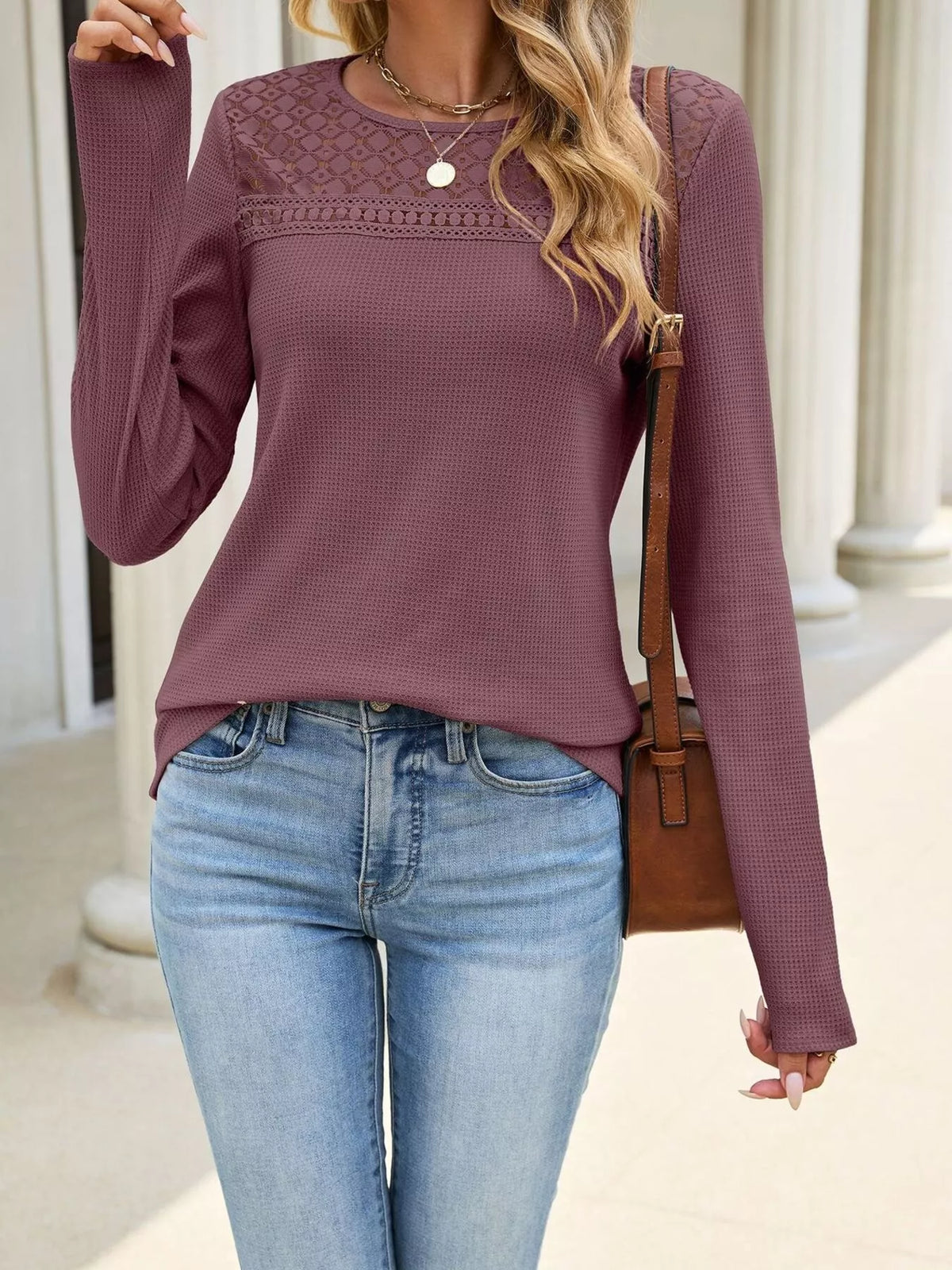Lace Panel Waffle Knit Long Sleeve T-Shirt