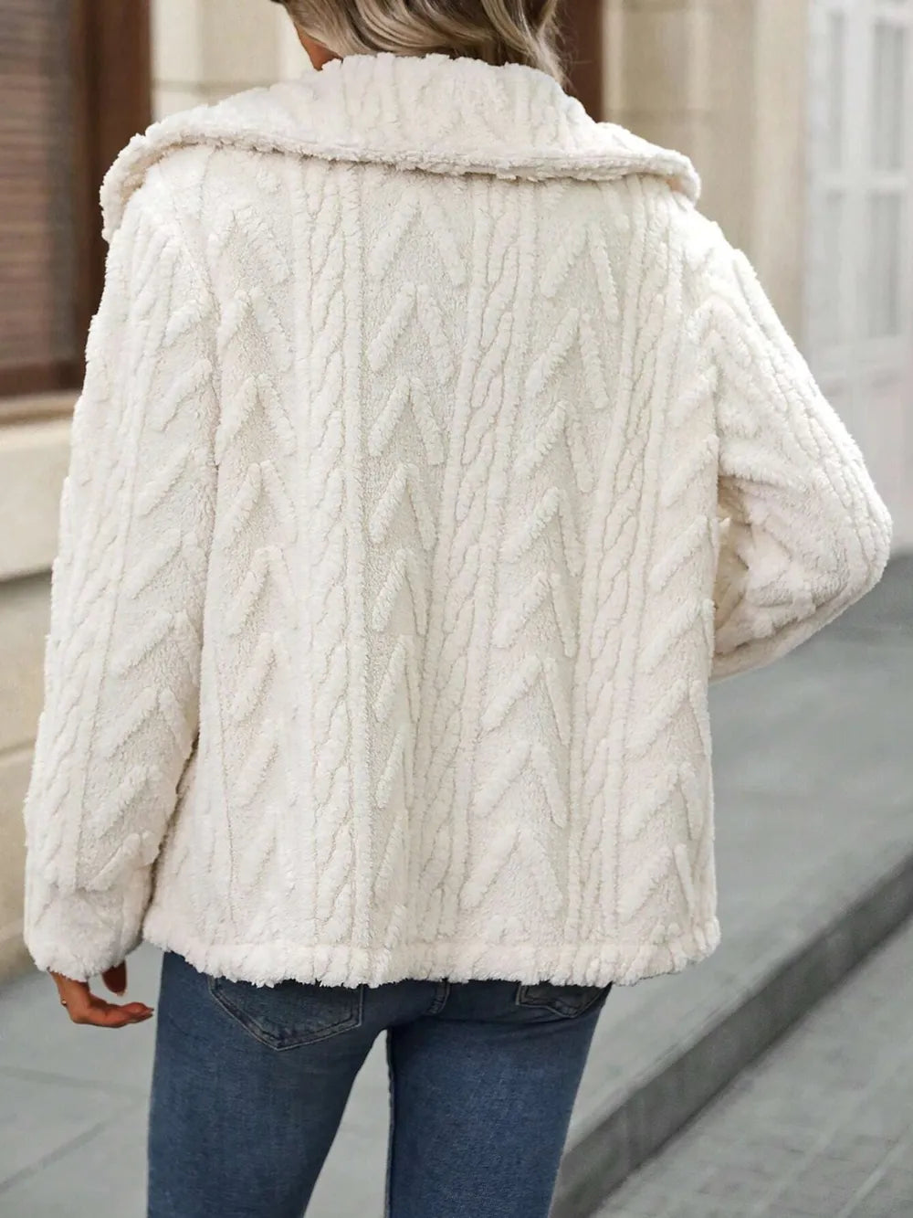 Fuzzy Texture Button Up Collared Neck Coat in Cream, view 2