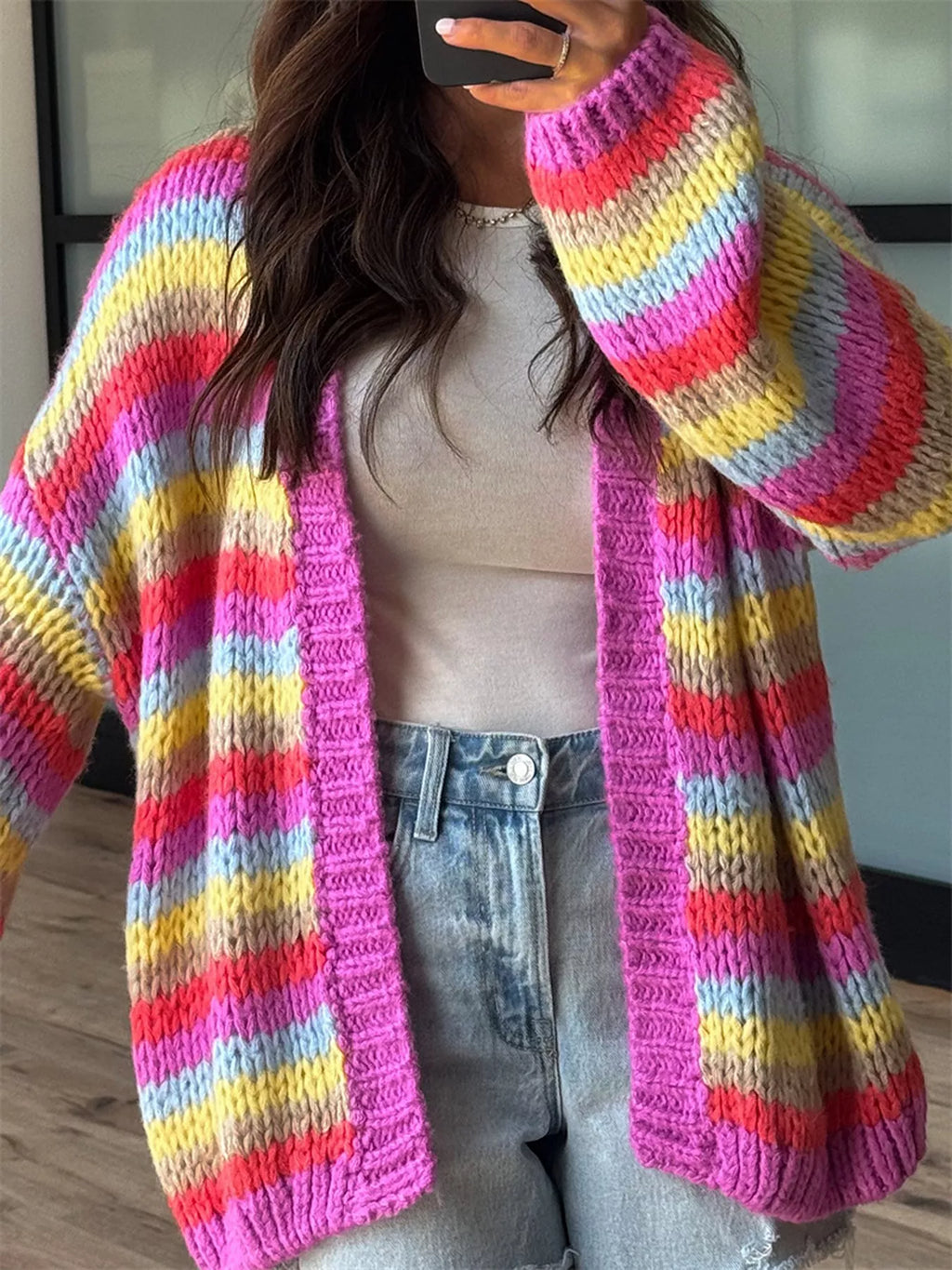 Multi-Color Striped Chunky Knit Open-Front Cardigan - Lilixa.store