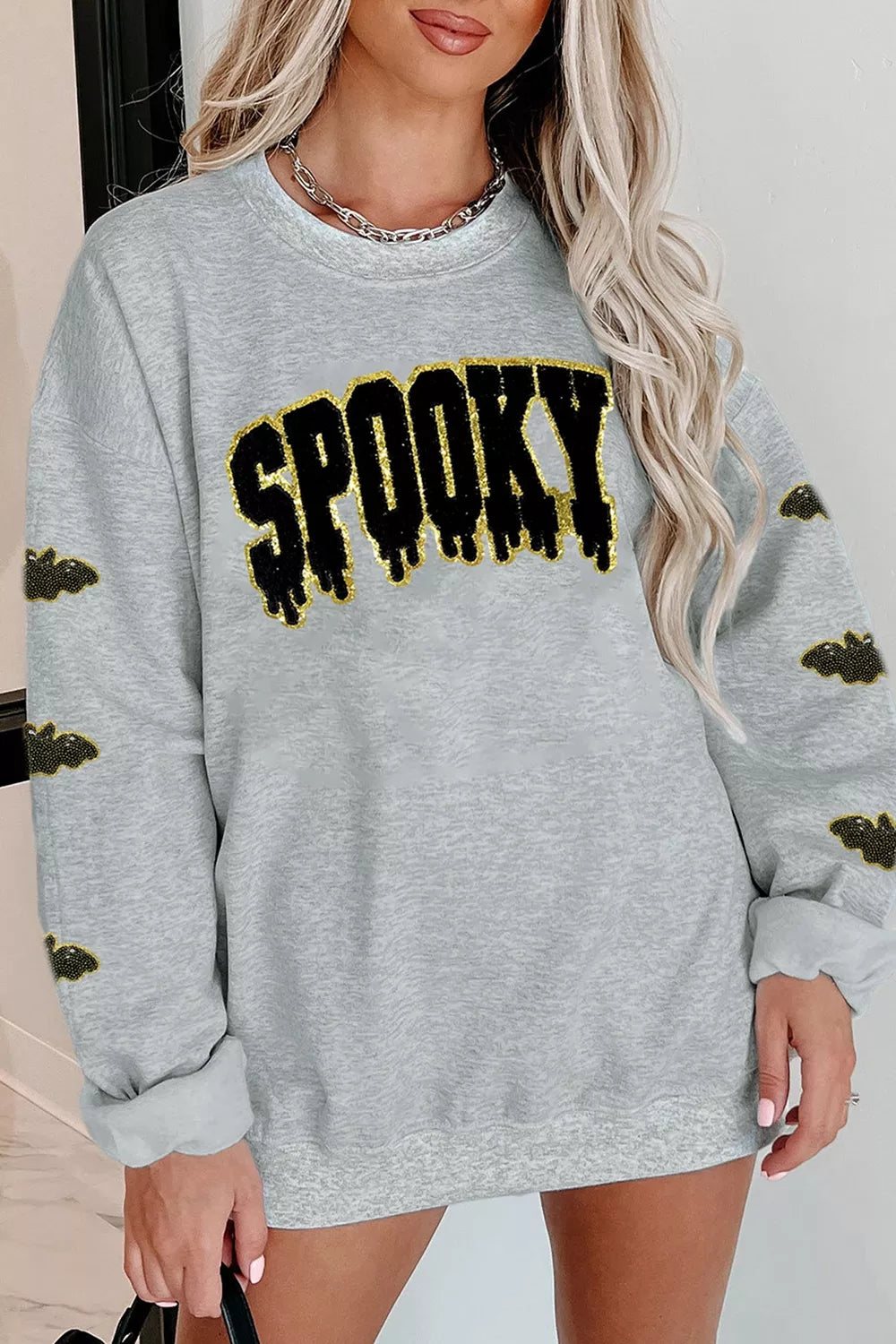 Sequin SPOOKY Halloween Bat Embellished Sleeve Pullover Sweatshirt - Lilixa.store