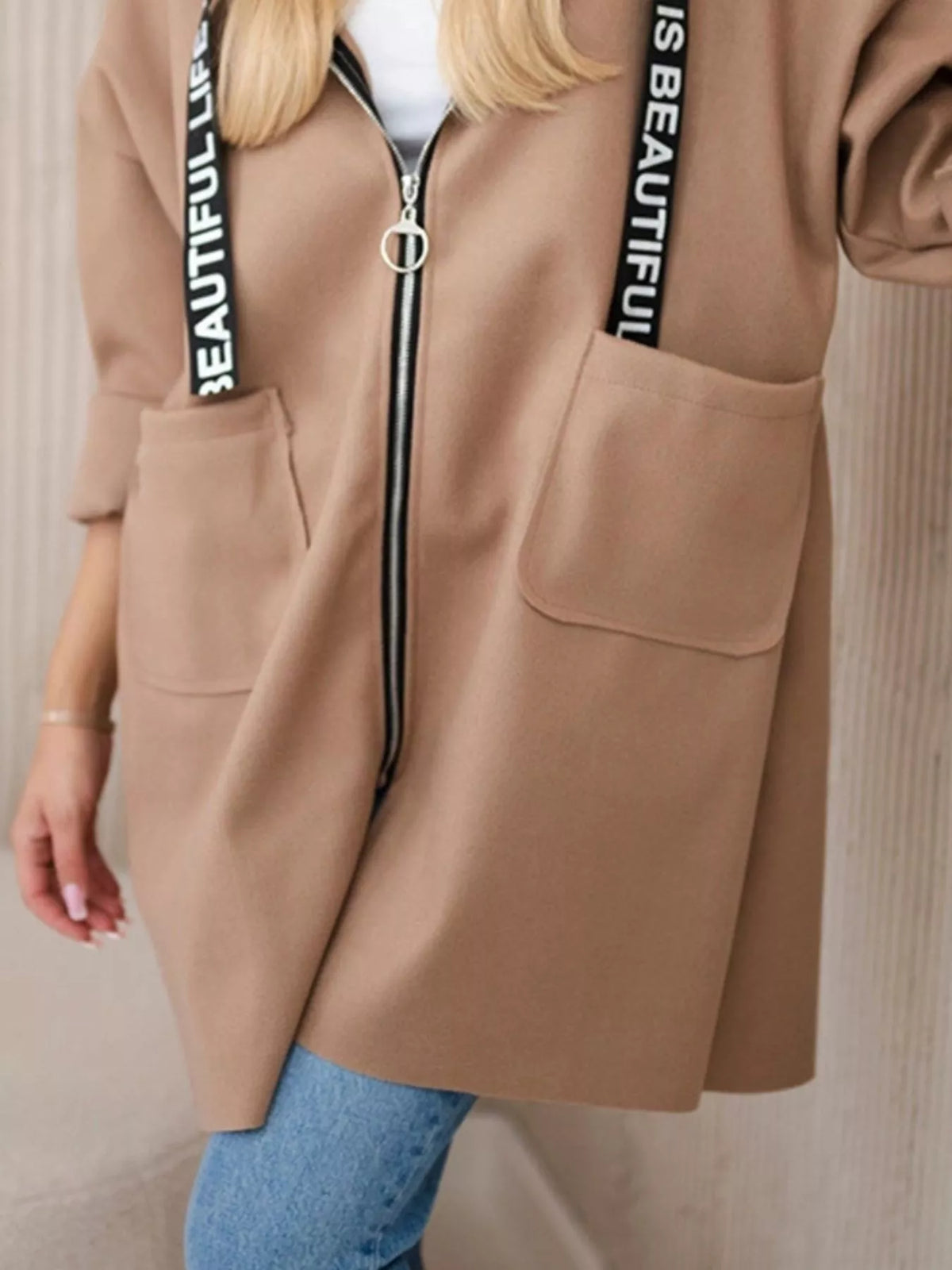 Full Size Hooded Zip-Up Longline Outerwear Plus Size, view 8
