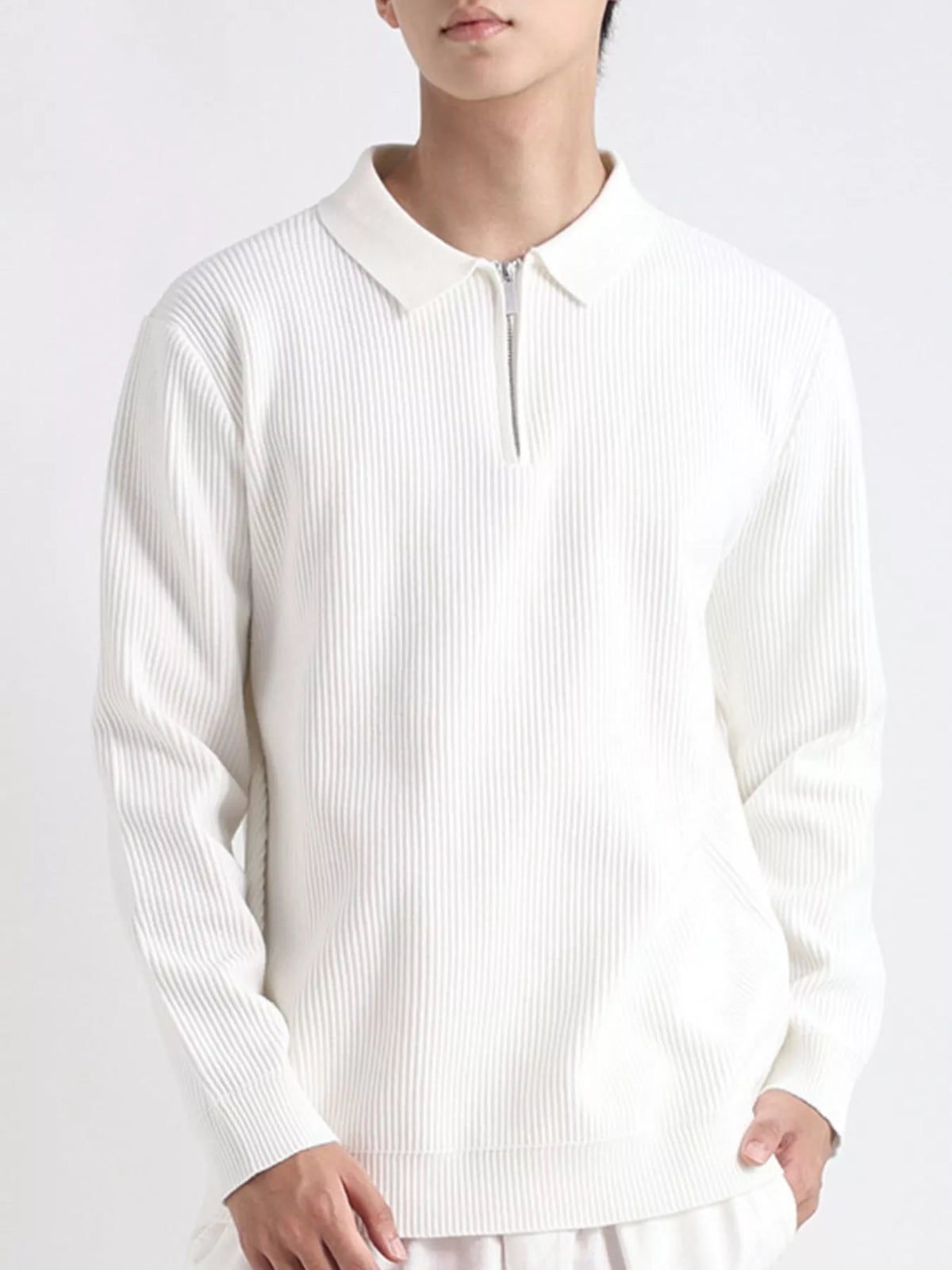 Men's Plus Size Quarter-Zip Ribbed Knit Top in White
