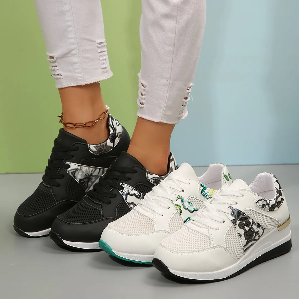 Floral Mesh Wedge Athletic - Lilixa.store