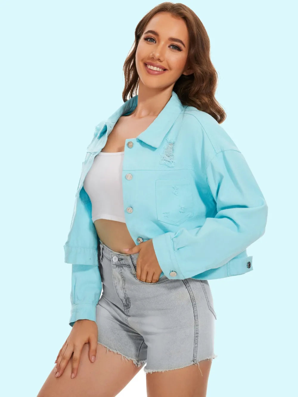 Distressed Distressed Button Up Denim Jacket, view 4