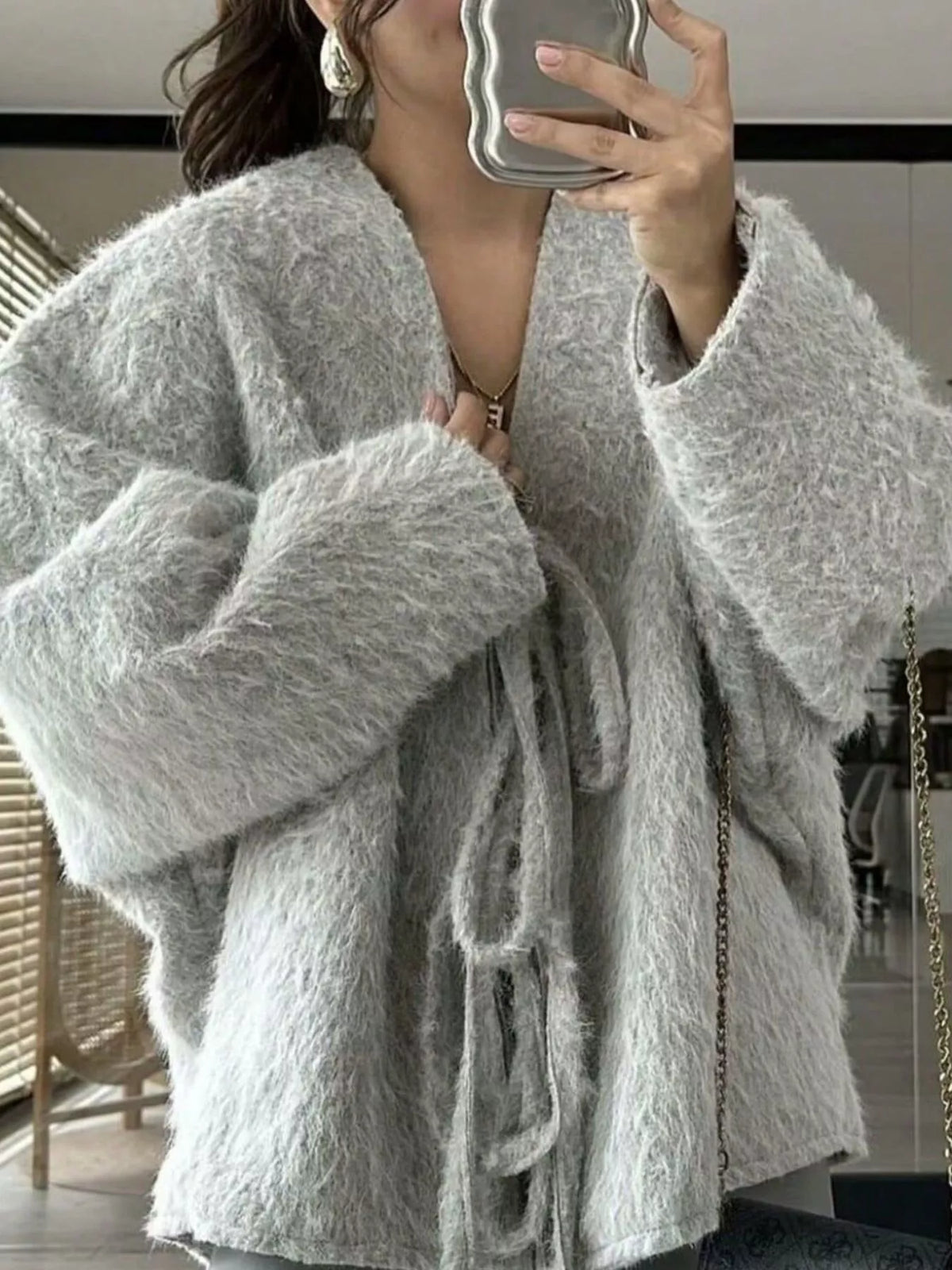 Textured Knit Tie-Front Outerwear - Lilixa.store