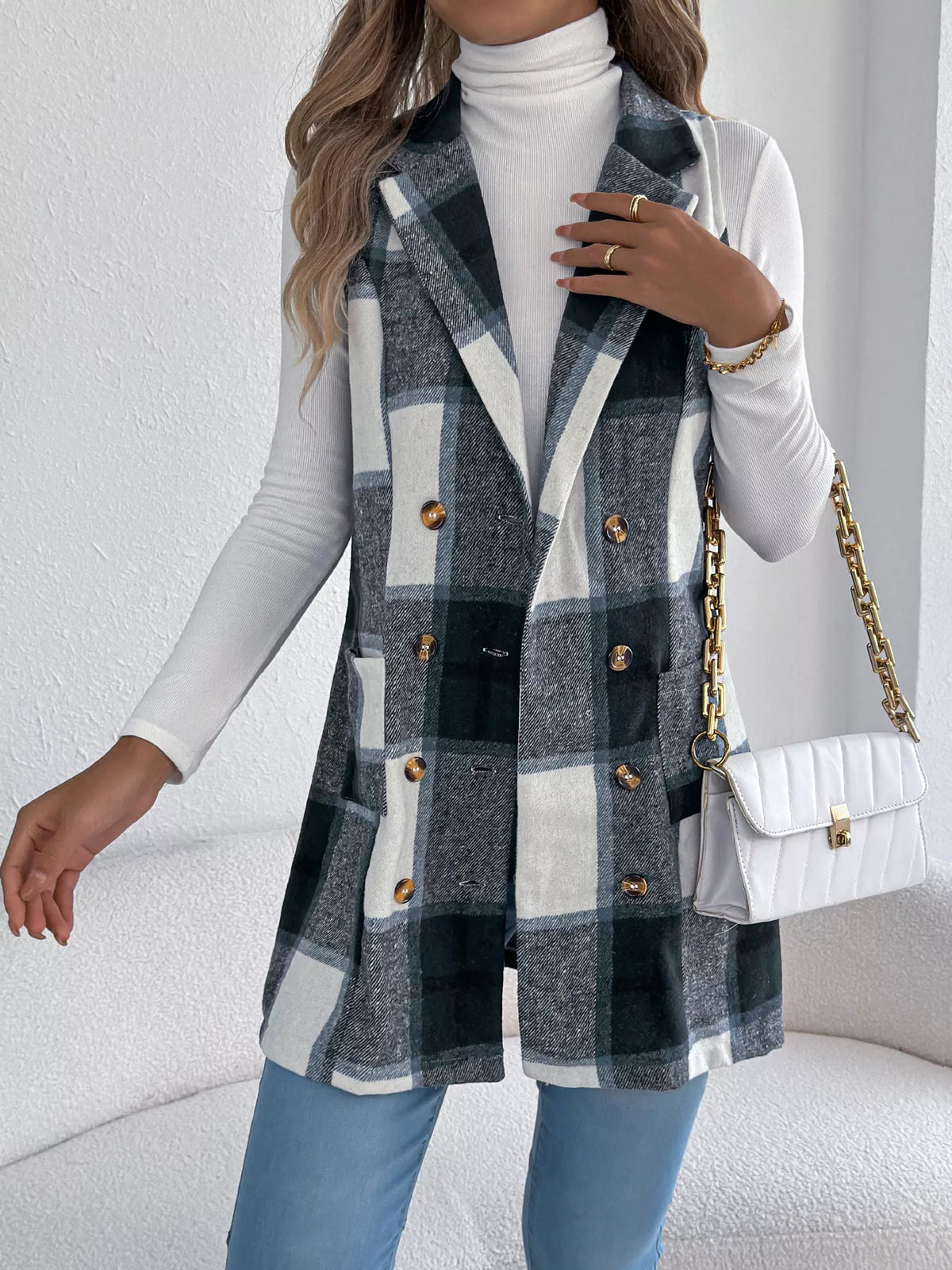 Plaid Double-Breasted Vest Coat - Lilixa.store