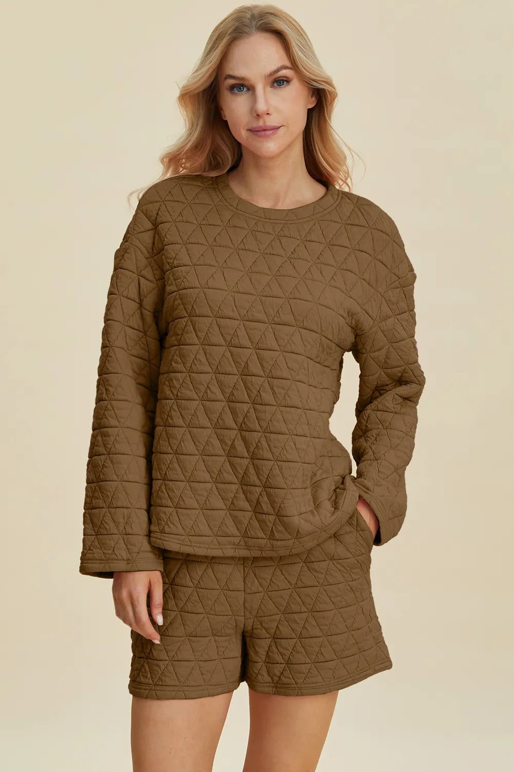 Double Take Full Size Texture Round Neck Long Sleeve Top and Shorts Set in Coffee Brown