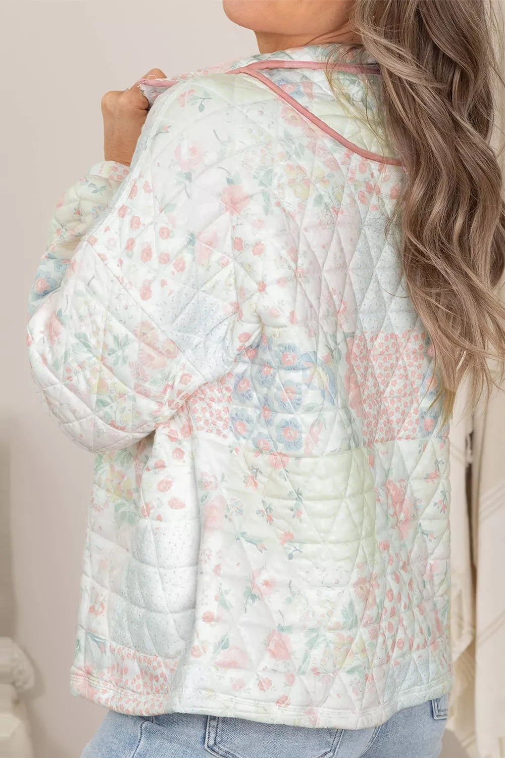 Floral Quilted Half Button Pocketed Pullover Sweatshirt - Lilixa.store