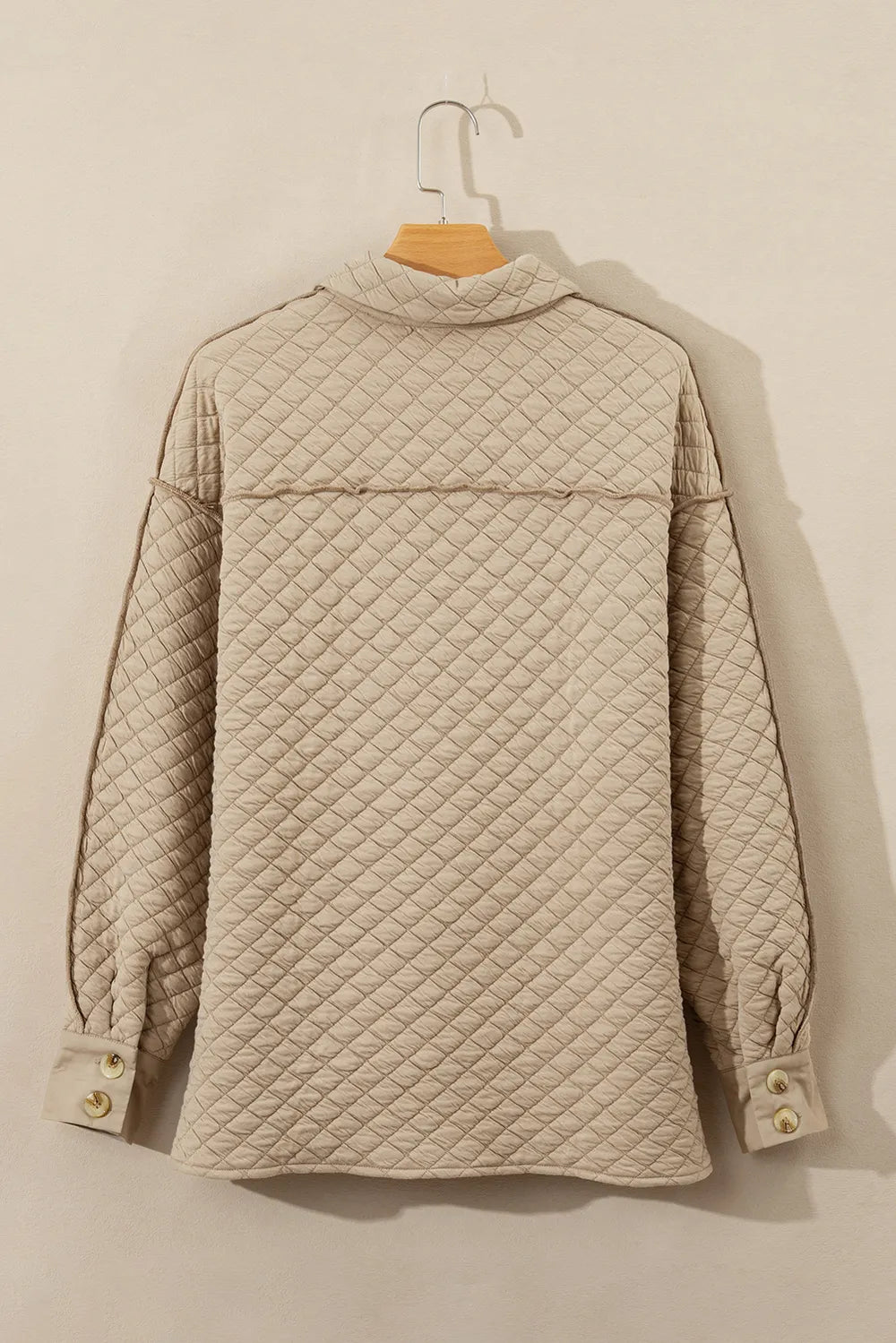 Exposed Seam Collared Neck Button Up Shacket in Beige, view 6
