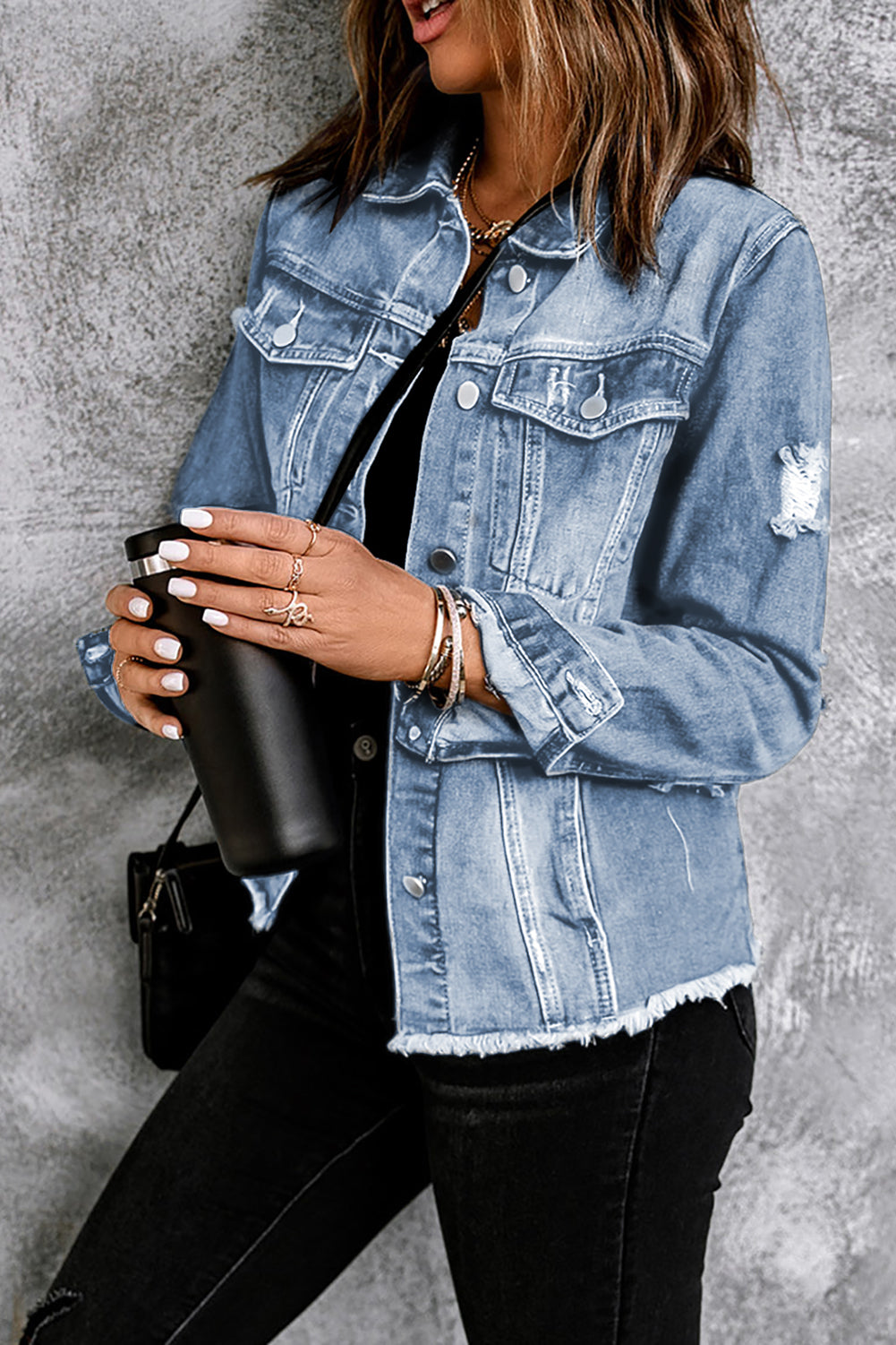 Distressed Raw Hem Buttons Denim Jacket in Black, view 7