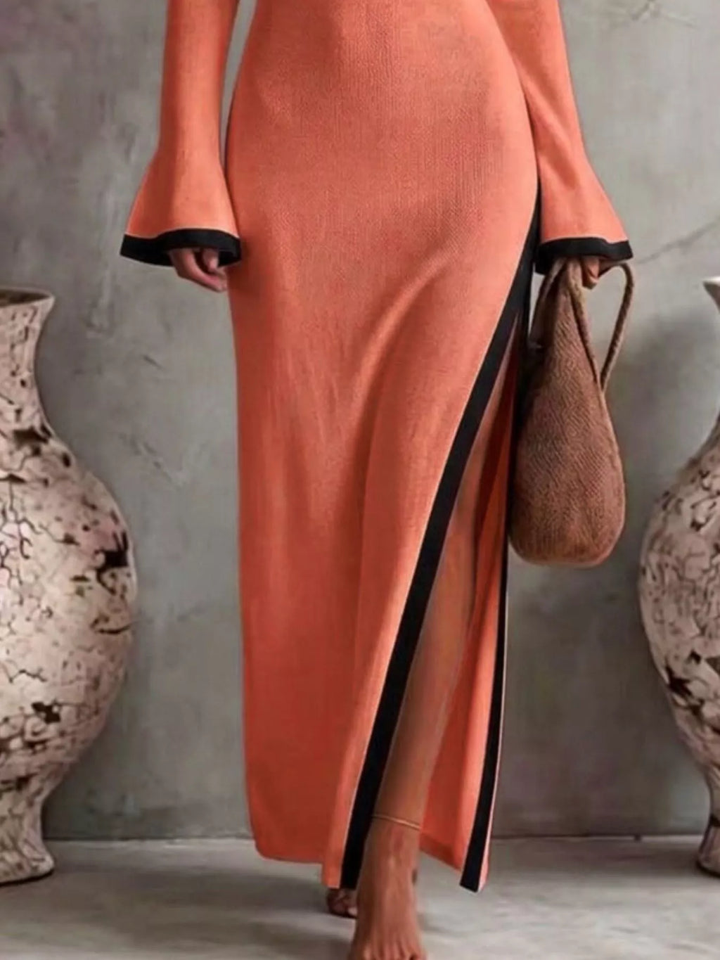 Slit One-Shoulder Contrast Trim Maxi Dress - Lilixa.store