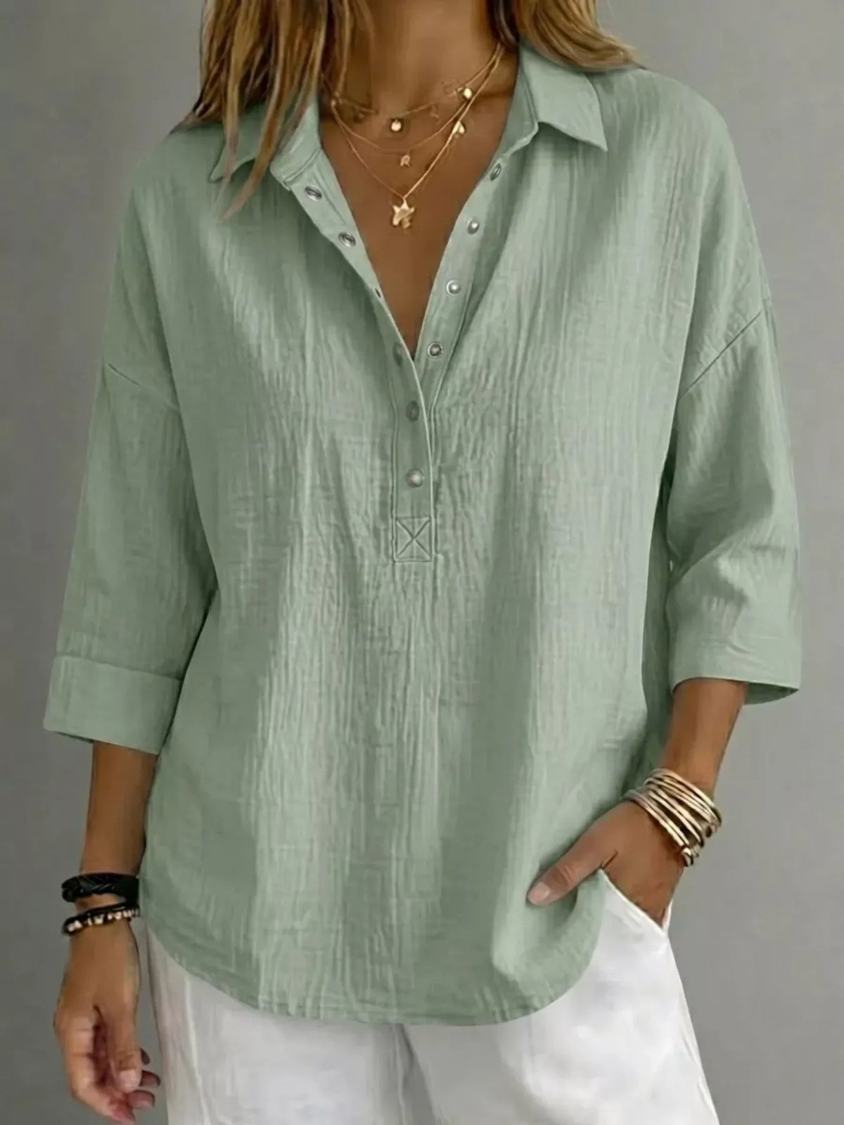 Full Size Snap Down 3/4 Sleeves Blouse Plus Size - Lilixa.store