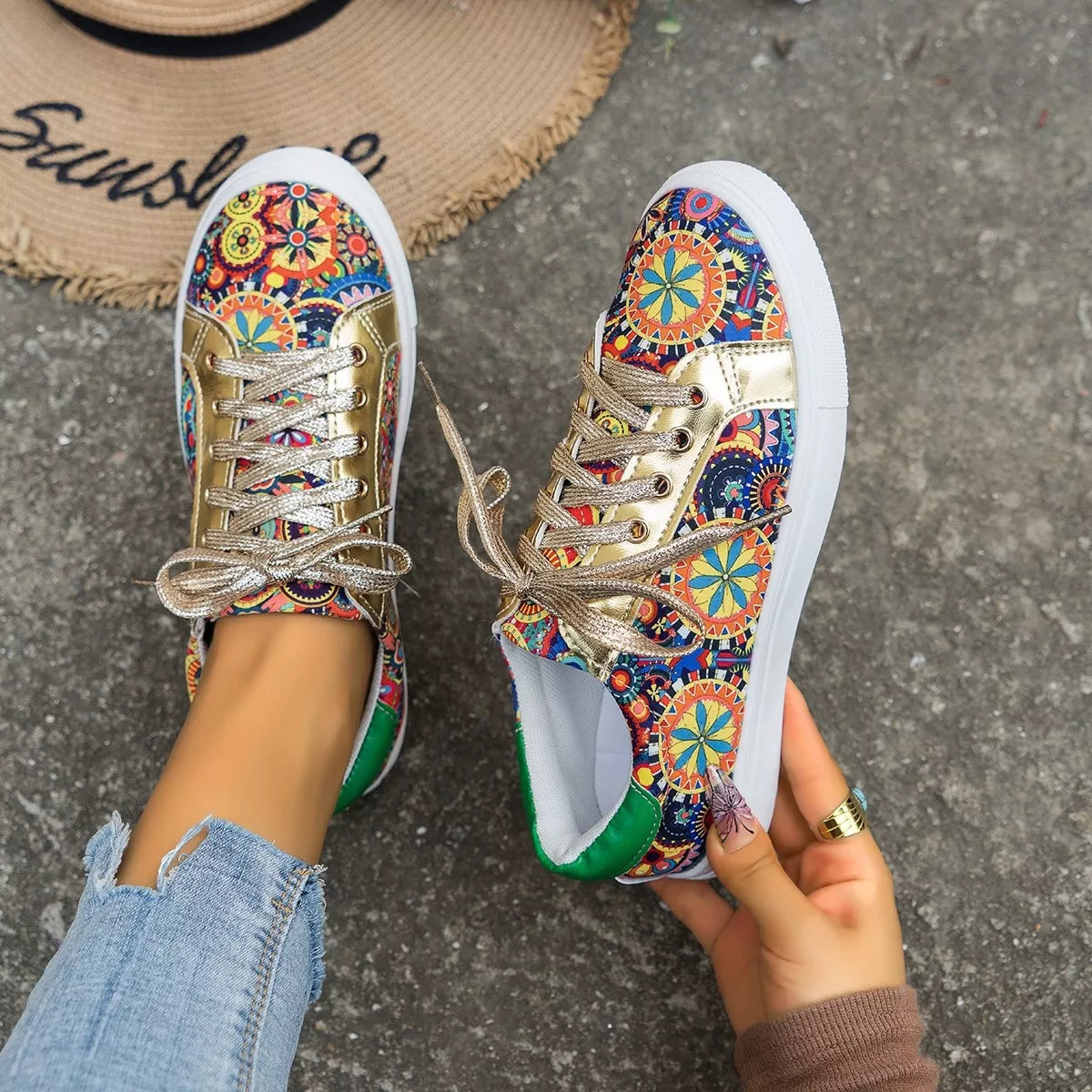 Printed Round Toe Sneakers - Lilixa.store