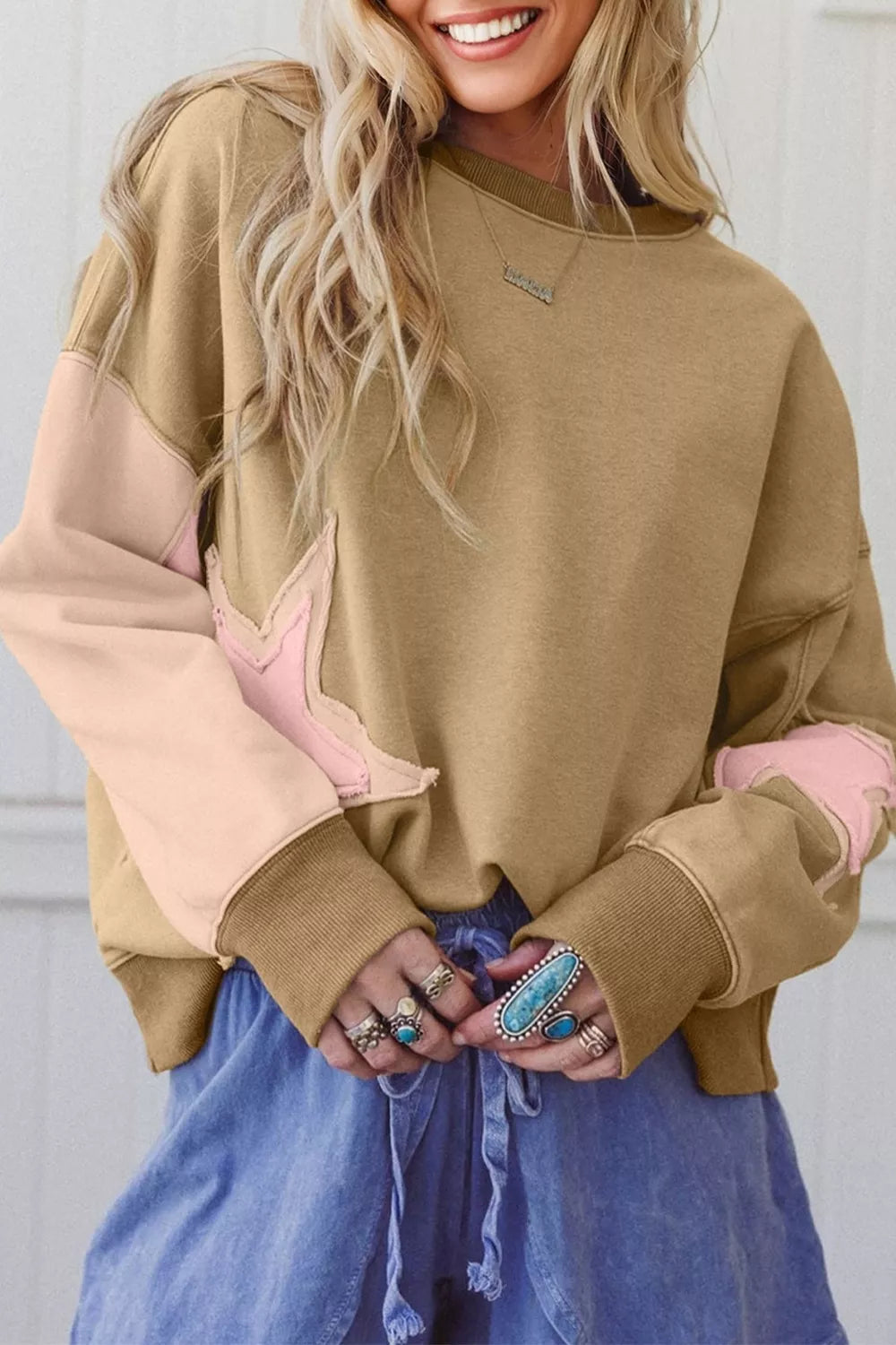 Star Patch Crew Neck Sweatshirt in Tan, view 3