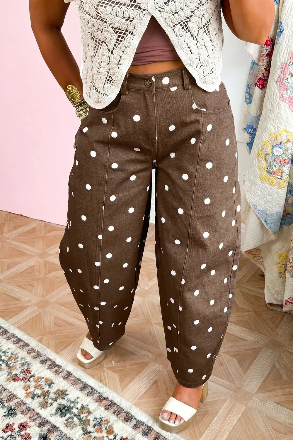 Tailored Seam Polka Dot Print Barrel Casual Jeans - Lilixa.store