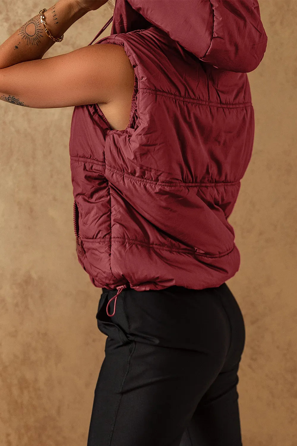 Drawstring Zip Up Hooded Vest Coat in Burgundy, view 7