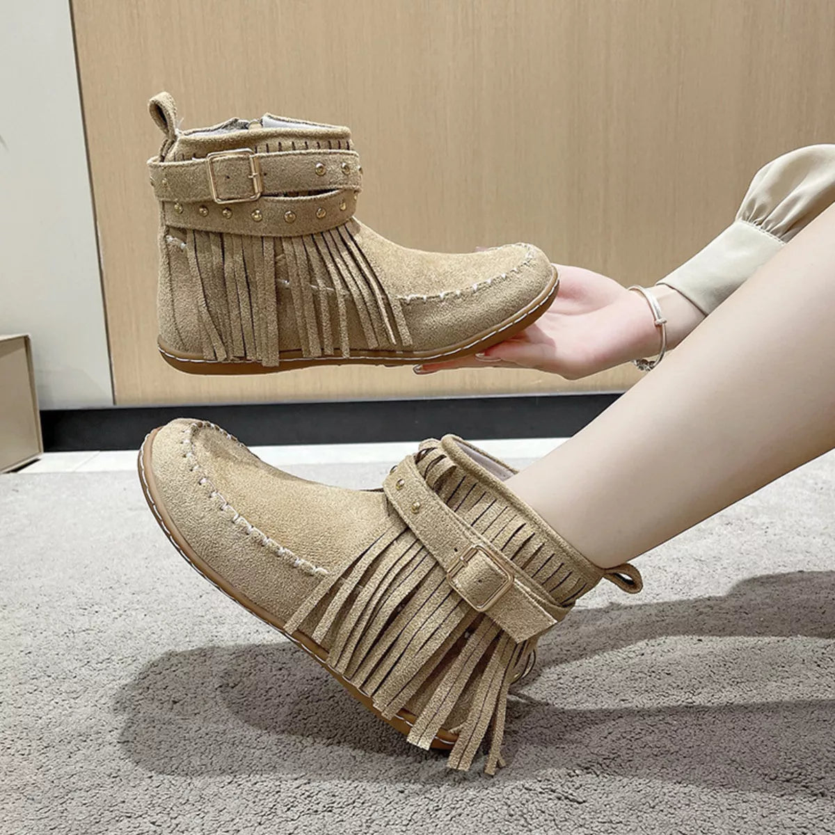 Fringe Round Toe Flats Boots - Lilixa.store