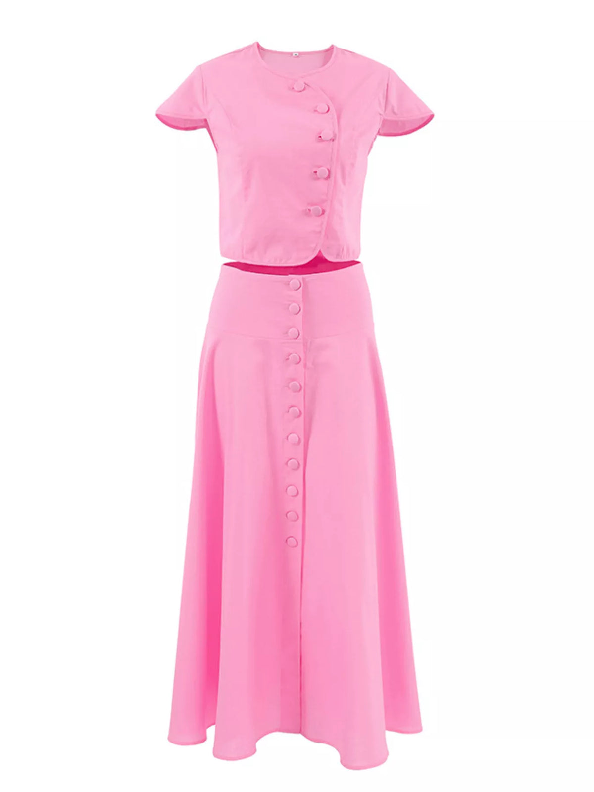 Cap Sleeve Button-Down Crop Top and Midi Skirt Set, view 17
