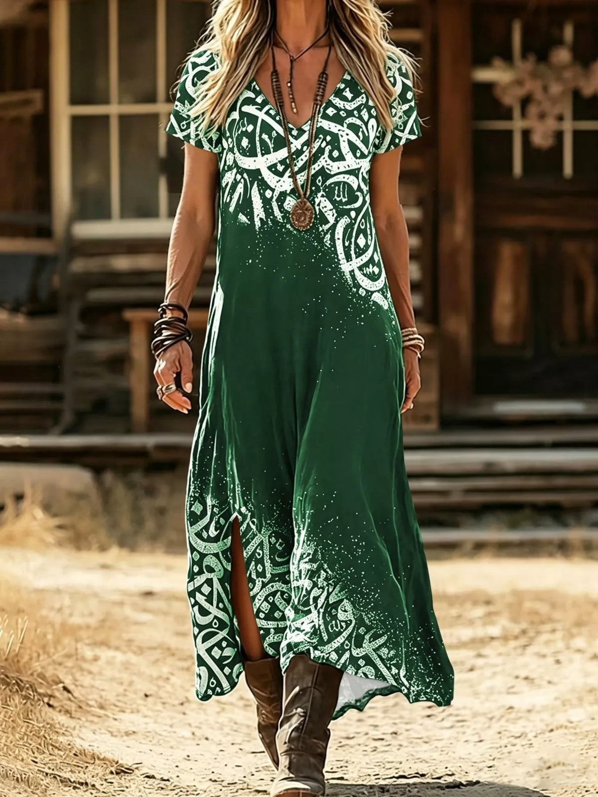 Printed Short Sleeve Midi Dress - Lilixa.store