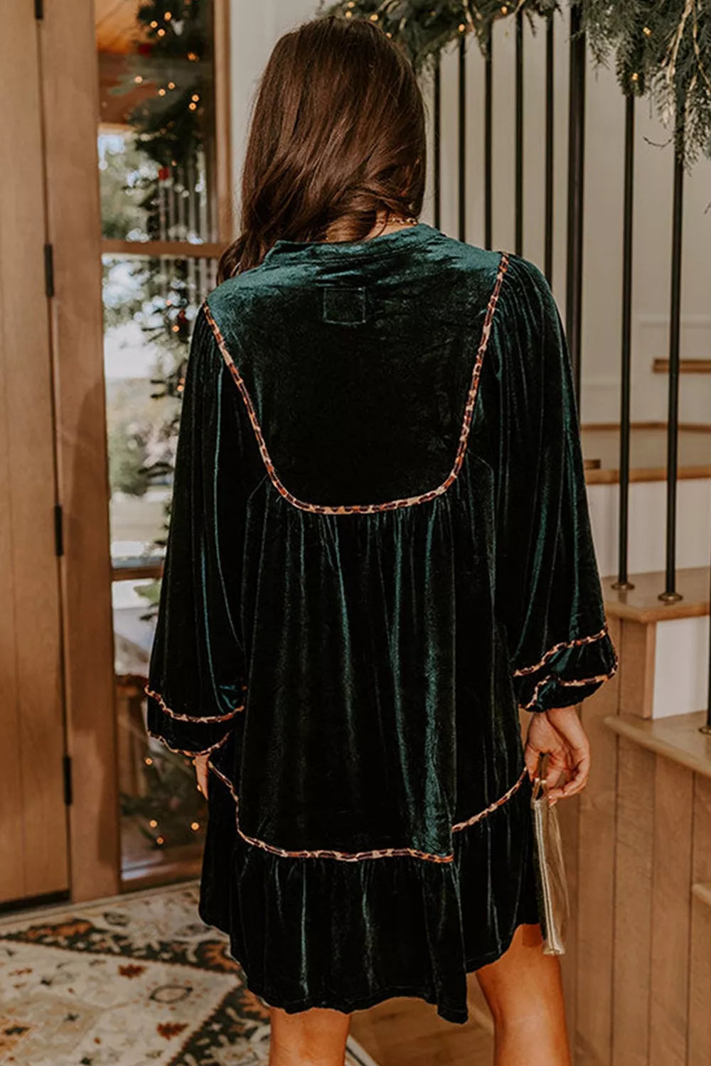 Leopard Trim Velvet Long Sleeve Shift Dress - Lilixa.store