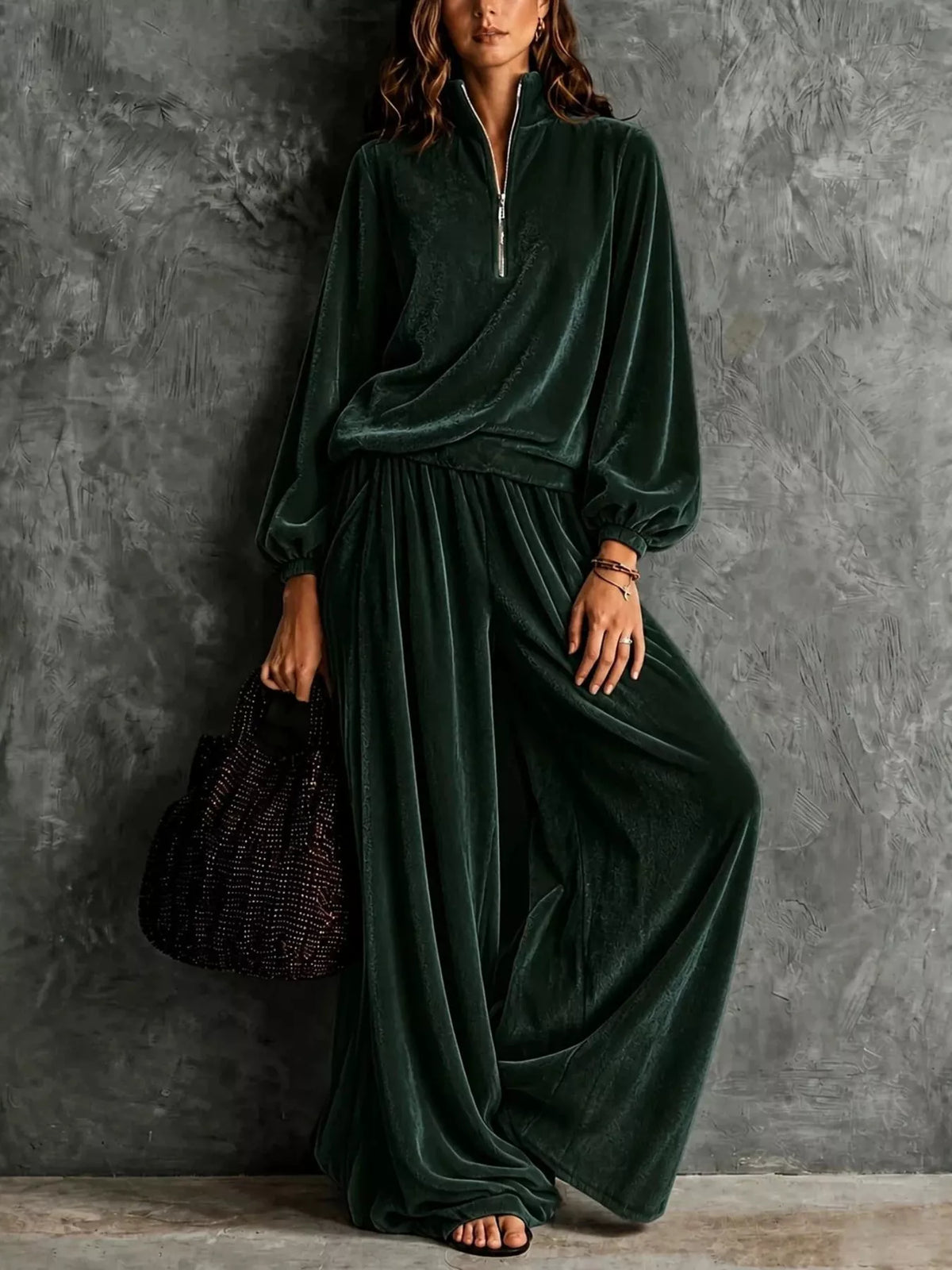 Quarter-Zip Sweatshirt and Wide-Leg Pants, view 2