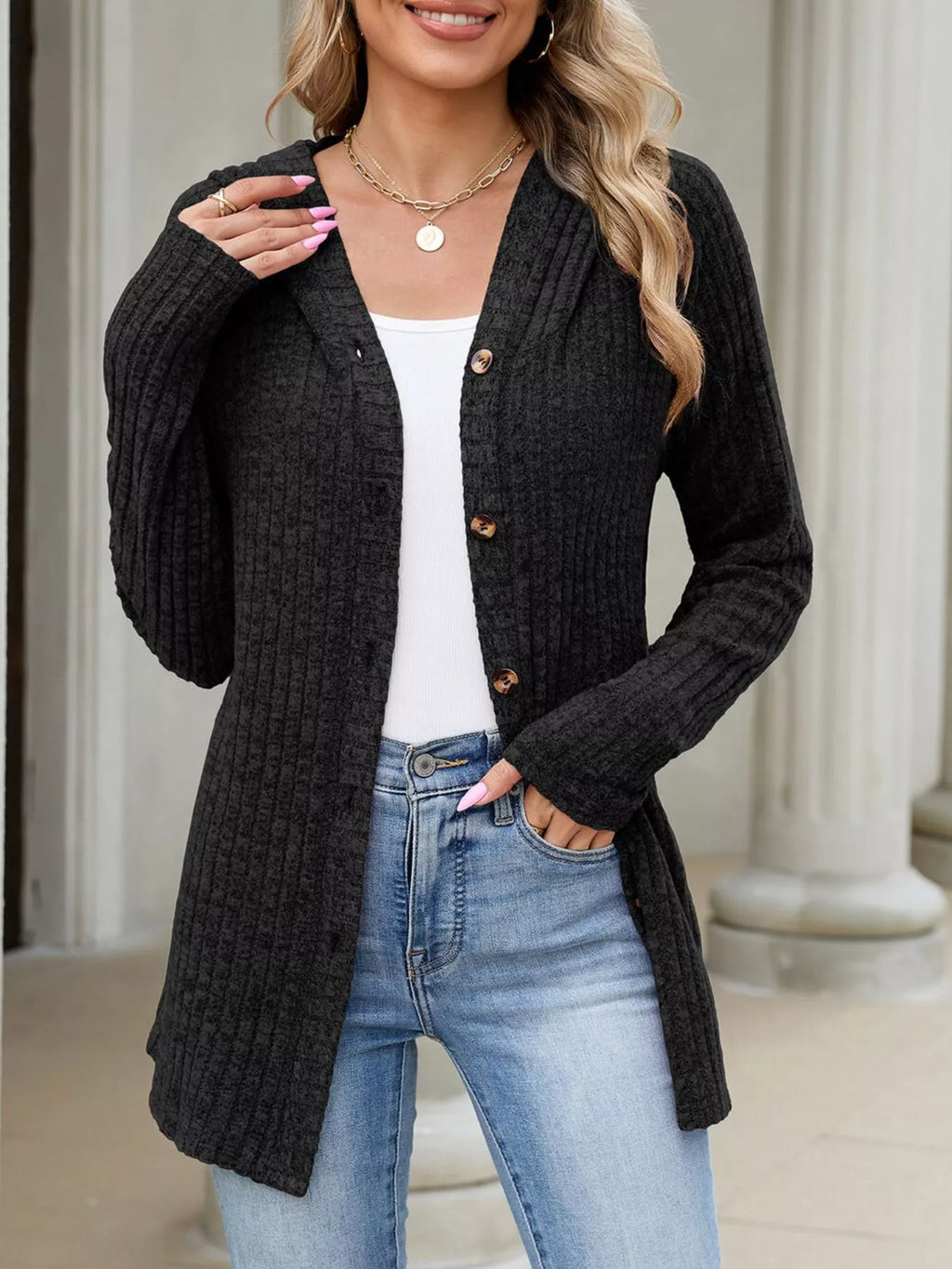 Ribbed Knit Hooded Button-Down Cardigan - Lilixa.store