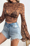 Printed Mock Neck Flare Sleeve Top in Brown