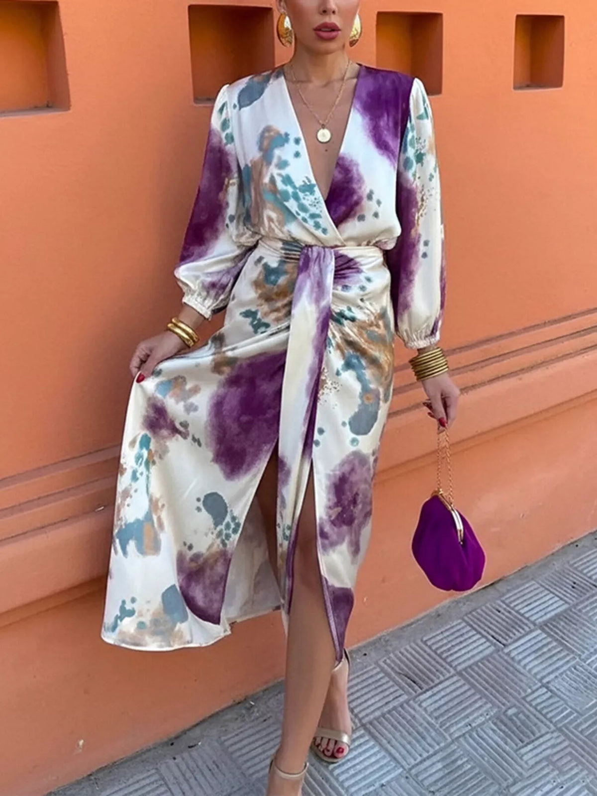 Full Size Slit Tie-Waist Abstract Print Midi Dress Plus Size - Lilixa.store