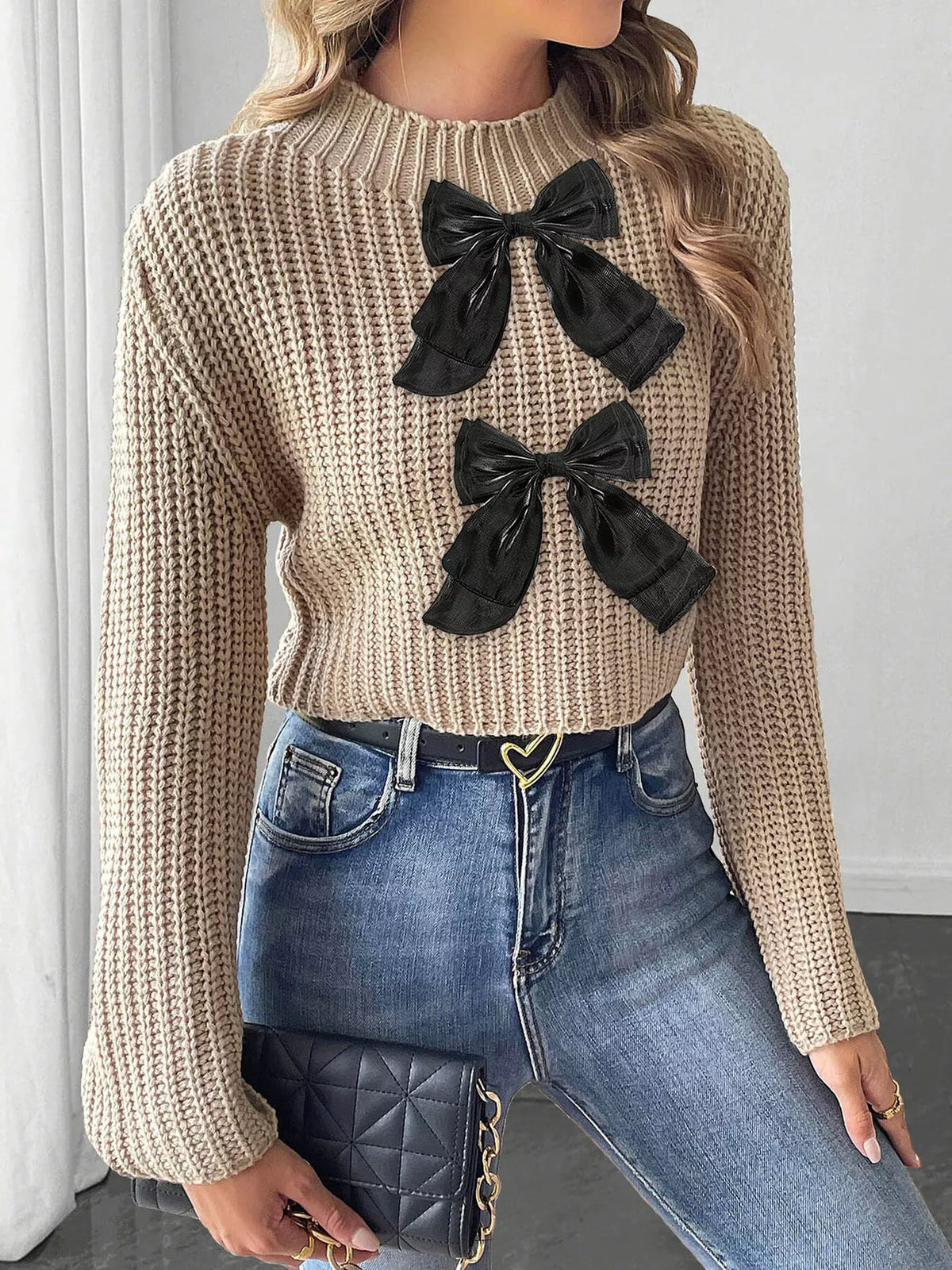 Bow-Decorated Mock Neck Cropped Sweater - Lilixa.store