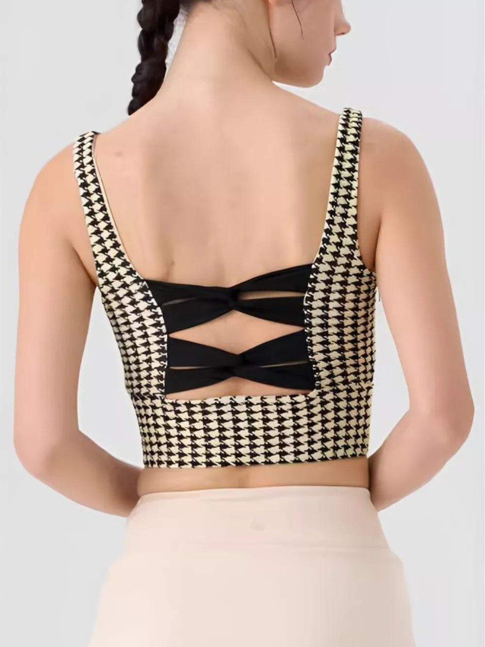 Crisscross Back Houndstooth Active Bra - Lilixa.store