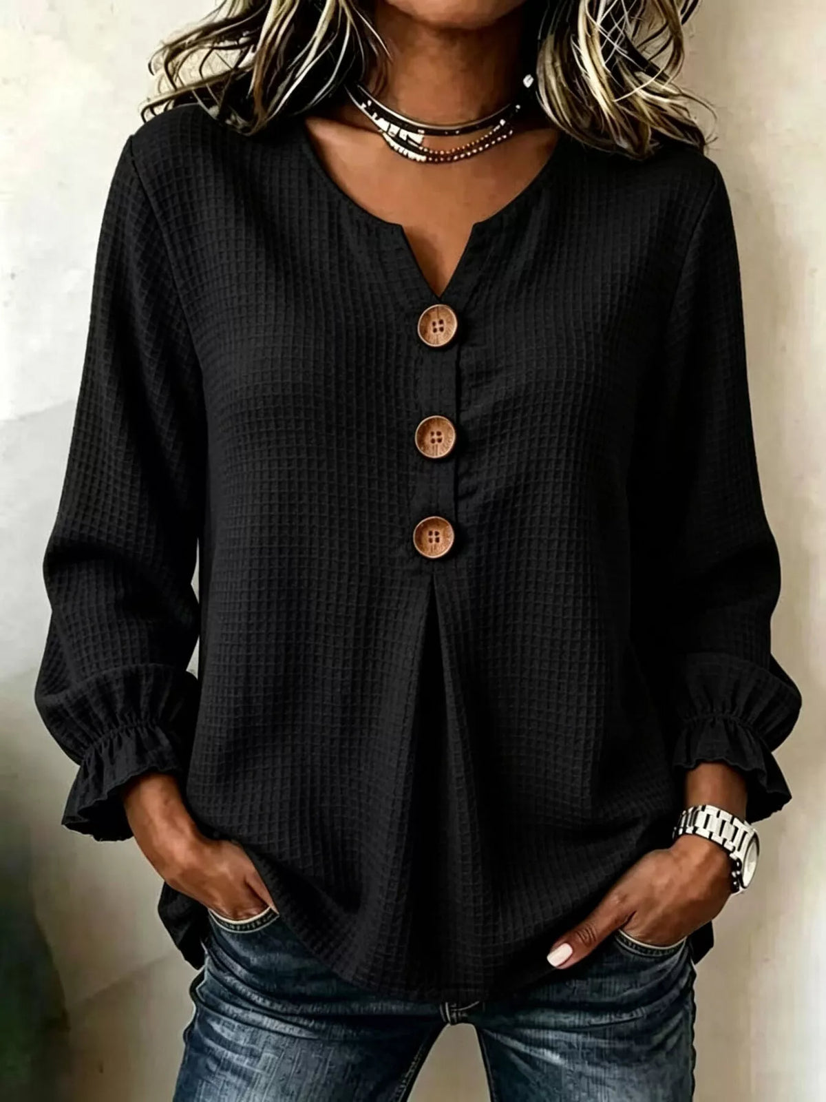 Waffle Knit Long Sleeve Top - Lilixa.store