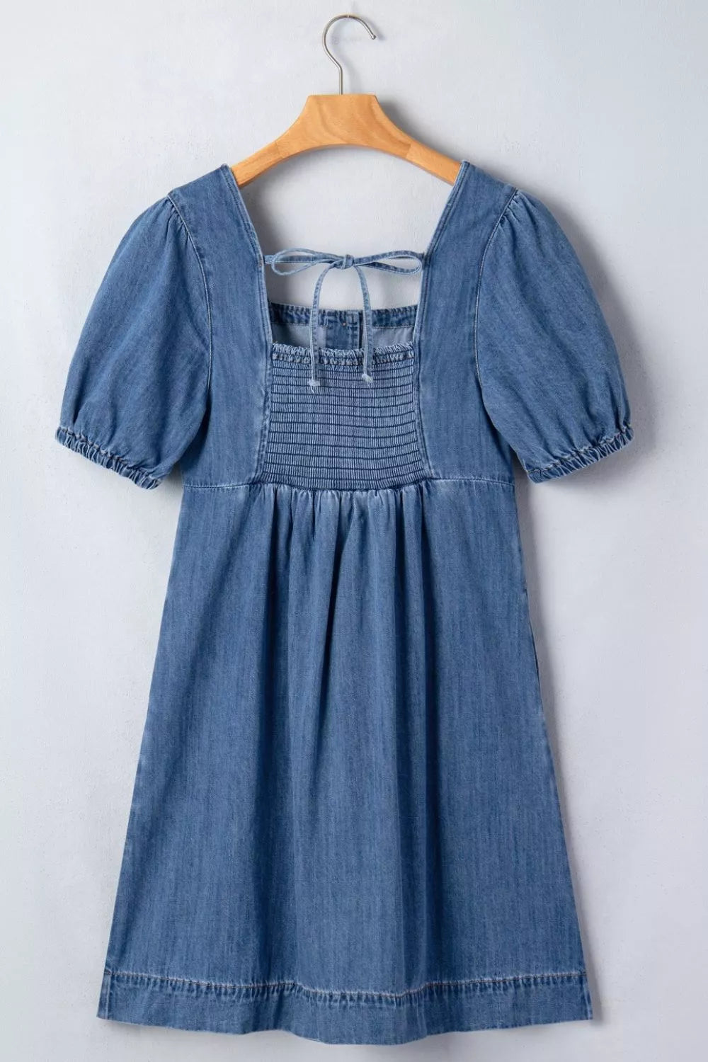 Button-Front Puff Sleeve Denim Dress - Lilixa.store