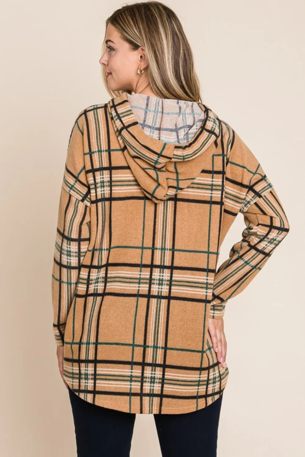 BOMBOM Drawstring Plaid Long Sleeve Hoodie - Lilixa.store